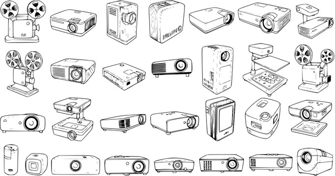 Set of Projector Line Art Illustrations: Vintage Film Projectors, Modern Digital Video  Data Projectors, and Overhead Projectors, Hand-Drawn Sketch Collection.