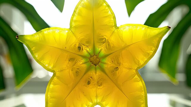 Close Up Zooming on a Translucent Carambola Star Fruit Slice
