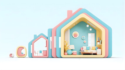 Abstract pastel layered house interior with cozy furniture, minimalist modern home design 3D illustration background