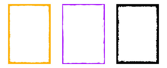 Set of three colorful distressed rectangular frame borders yellow magenta black messy paint textures abstract artistic vector assets ideal for mobile screens