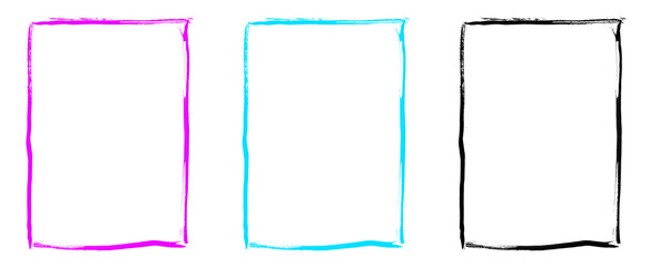 Set of three hand painted grunge rectangular frames in pink blue and black with rough textured borders on checkered empty background for design elements