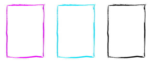 Set of three hand painted grunge rectangular frames in pink blue and black with rough textured borders on checkered empty background for design elements