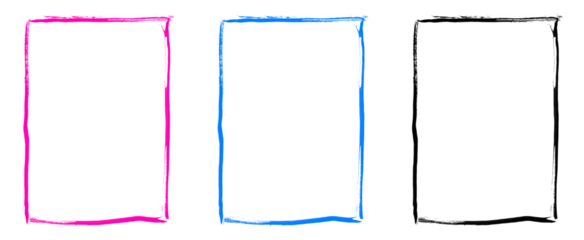 Collection of three artistic rectangular frames in pink bright blue and black with imperfect brush stroke edges on gray grid pattern background for projects