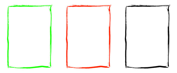 Group of three vibrant rectangular frames in green orange and black with painterly borders on checkered surface for creative applications and collages