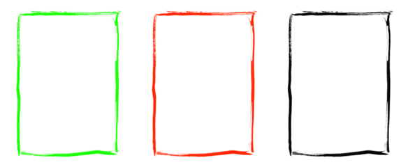 Group of three vibrant rectangular frames in green orange and black with painterly borders on checkered surface for creative applications and collages