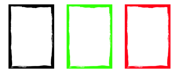 Set of three distinct rectangular frames in black bright green and red with distressed brushwork and empty space on gray checkered pattern for layouts