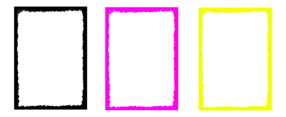 Set of three colorful grunge frame border designs featuring black magenta and yellow textured edges on gray checkered background for creative