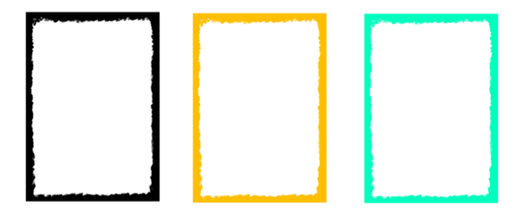 Set of three colorful grunge frame border designs featuring black amber and cyan textured edges on gray checkered background for creative uses