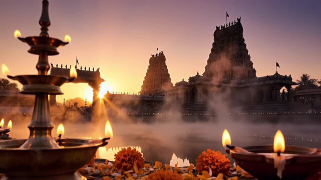 Narada Jayanti Devotional Background with Hindu Temple Silhouette at Dawn and Soft Sunrise Light