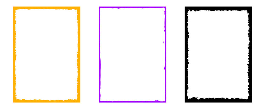 Set of three colorful distressed rectangular frame borders yellow magenta black messy paint textures abstract artistic vector assets ideal for mobile screens