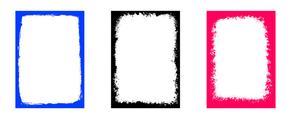 Digital blue and pink distressed frame set for creative photo editing with weathered textures and artistic rough edges on checkered background