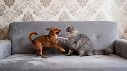 Cat and dog playing on couch