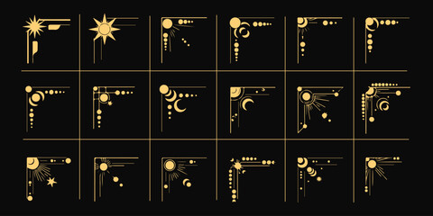 Mystic celestial border corner vector set with golden decorative angles, featuring stars, moons, suns and cosmic patterns, boho space frames with elegant stellar embellishments eps © MaxceptArt