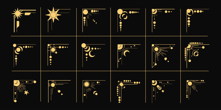 Mystic celestial border corner vector set with golden decorative angles, featuring stars, moons, suns and cosmic patterns, boho space frames with elegant stellar embellishments eps