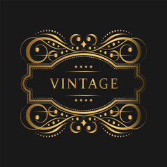 Decorative ornate label in a gold vintage frame. Ancient design for luxurious decoration. Elegant baroque border on a black background for an invitation ticket, label, certificate