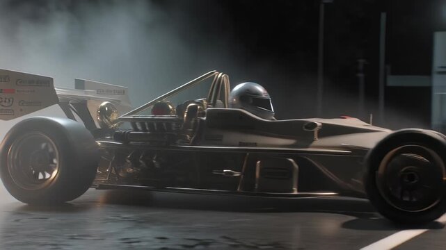 Vintage Formula One Car in Smoky Studio Setting.