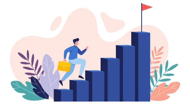 A modern vector illustration of a businessman climbing stairs towards success and goal achievement