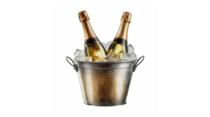 Champagne bottles chilling in metal ice bucket