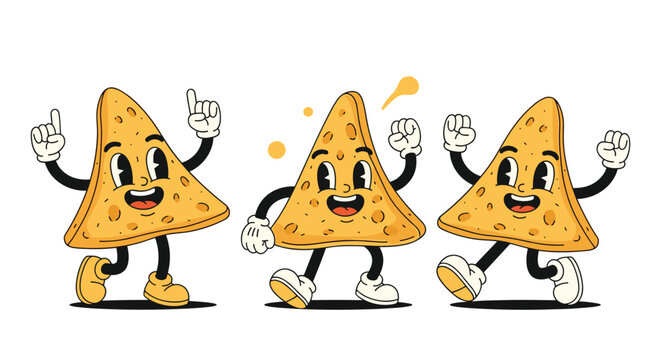 Three happy cartoon nacho cheese chips with faces and limbs dancing and celebrating in a vintage rubber hose animation style design.