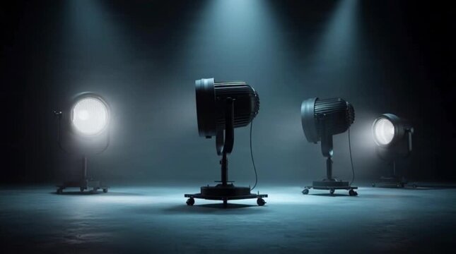 Professional stage lighting setup with multiple spotlights on a dark stage, creating a dramatic atmosphere for performances and events with bright lights and adjustable stands.
