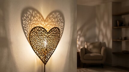 Heart shaped lamp casts light on wall near beige chair and shelves