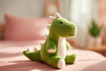 Fototapeta premium A green stuffed dinosaur is sitting on a pink bedspread