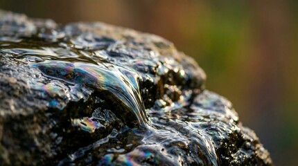 Oil flows over a rocky surface in a natural setting outdoors slowly