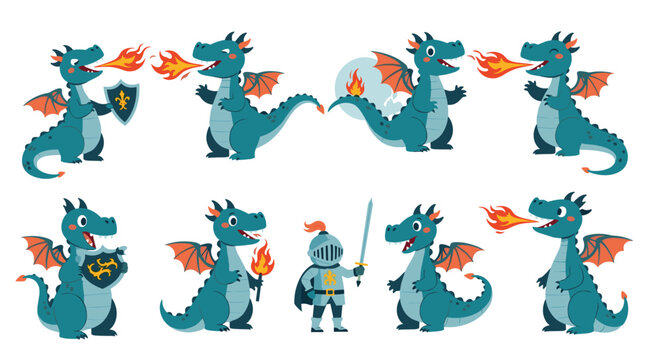 Collection of blue dragon characters in different poses breathing fire with a small knight character on a white background for kids.