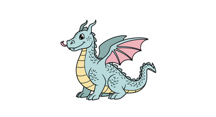 Fototapeta premium A cute blue cartoon dragon with pink wings isolated on a white background.