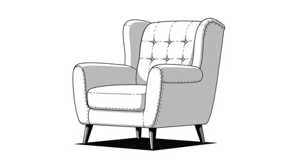 Fototapeta premium Elegant grey wingback armchair with tufted upholstery and wooden legs in a stylish hand-drawn sketch style for interior design.