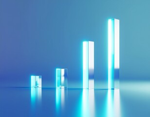 Dynamic visualization of financial growth and progress with four ascending, glowing blue bar graphs reflecting on a polished surface, symbolizing consistent upward trend and data analytics success