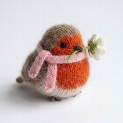 Knitted Bird with Flower in Scarf, Cute Toy Bird Decoration