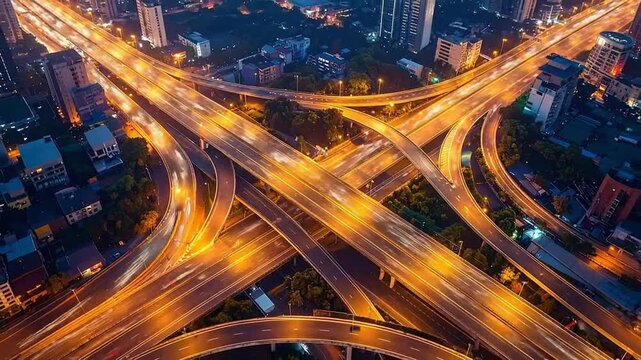 Aerial view of a complex highway interchange at night, illuminated by streetlights.