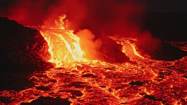 Fiery Lava Flowing Down Volcano Slope, Molten Rock, Volcanic Activity