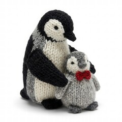 Adorable Knitted Penguin Family with Baby in Bow Tie, Handmade
