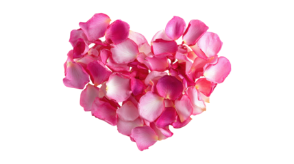 Beautiful pink rose petals forming heart shape on transparent background concept