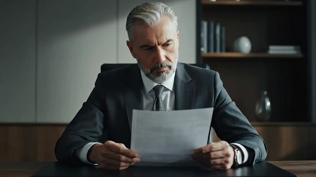 Serious man in suit reading document at desk
