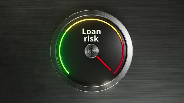 Loan Risk Meter Gauge Business Concept 3D Animation : 3D animation of a risk meter showing Loan risk level. Concept of mortgage debt, borrowing and banking crisis.