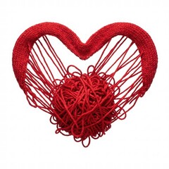 Creative Red Yarn Heart with Knitted Edges and Twisted Threads