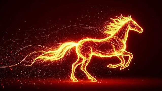 Glowing horse made of fiery lines and sparks running on dark background with red light - Powered by Adobe