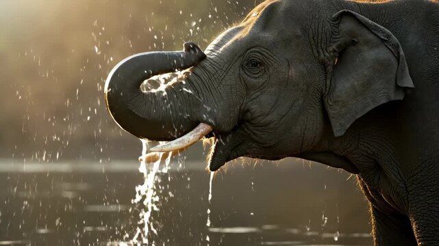 Close-up profile of an elephant drinking water at sunset. Trunk splashing water into mouth in slow motion. 