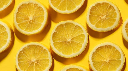 Fototapeta premium Thin lemon slices arranged edge-to-edge, juicy citrus texture, full-frame seamless yellow background