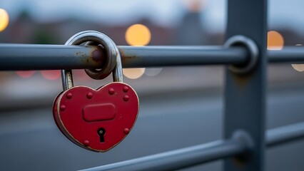 Red heart shaped lock on metal railing close up