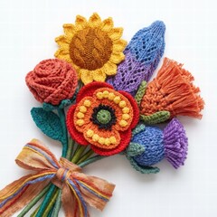 Colorful Handmade Yarn Flowers Arrangement with Creative Details