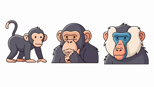 Three distinct cartoon primates, one standing, two with expressive faces