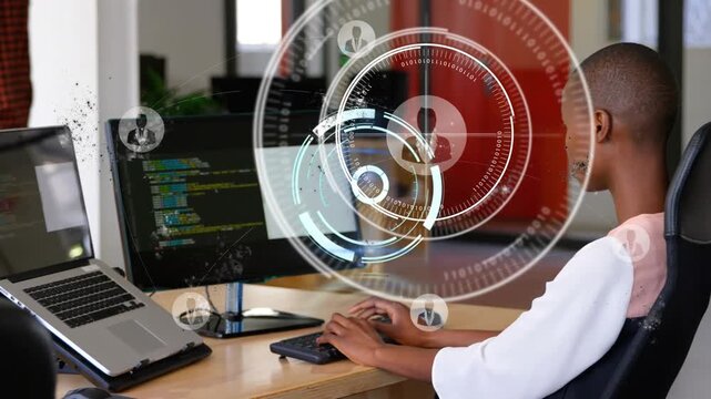 Woman dev typing initiating HUD layering over monitor and user orbiting icons while monitoring code