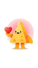 Fototapeta premium Charming cartoon cheese character expressing delightful affection, holding a vibrant red heart, ideal for themes of love, friendship, and heartwarming greetings
