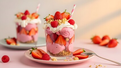Delicious strawberry parfait with whipped cream and granola