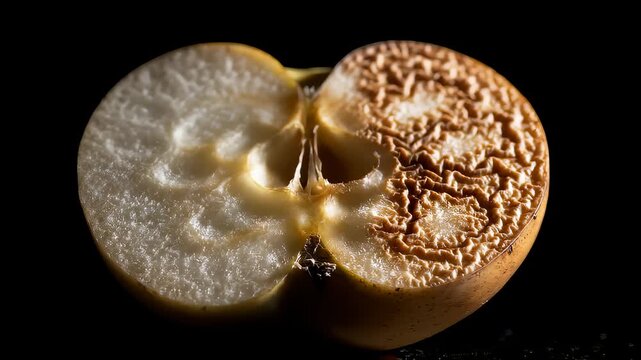 Apple Half Rotting and Decomposing Against Black Background