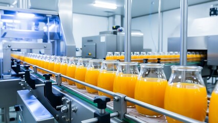 Bottles of orange juice being filled on a production line in a modern factory setting viewed from the side